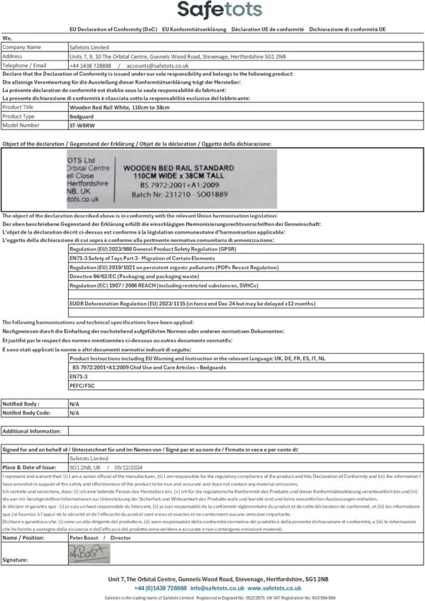 Safetots Wooden Bed Guard, White, 38cm High x 110cm Wide, Toddler Bedrail for Safety, Secure Child Bed Rail, Pre-Assembled, Easy Installation - Image 5