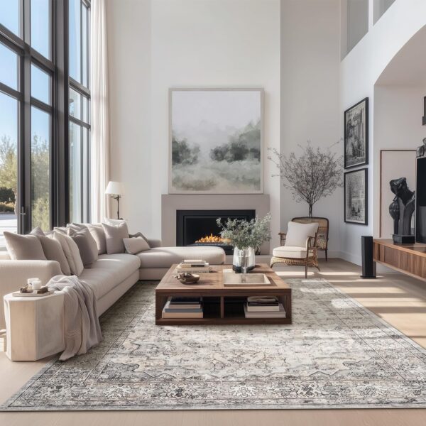 Topfinel Fluffy Rugs for Bedroom, Classic Oriental Design Boho Natural Grey Rugs 200x290 with Faux Wool Short Pile for Children Girls Boys - Image 4