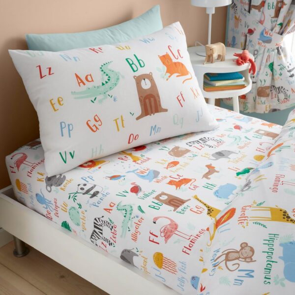 Happy Linen Company Girls Boys Kids Animal Alphabet ABC White Multicolour Toddler Cot Bed Reversible Duvet Cover Quilt Bedding Set with Pillow Case Bed Linen - Image 2
