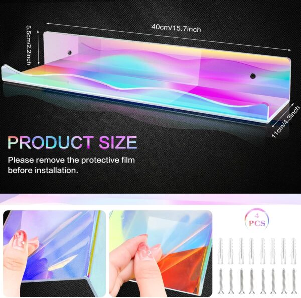 LINYAPRY 4 Packs Iridescent Acrylic Floating Shelves, 15.7 Inch Clear Acrylic Display Shelf Wall Mounted, Invisible Dolls Pop Display Shelves Wall Ledge Bookshelf for Kids Room Bathroom Dorm - Image 3