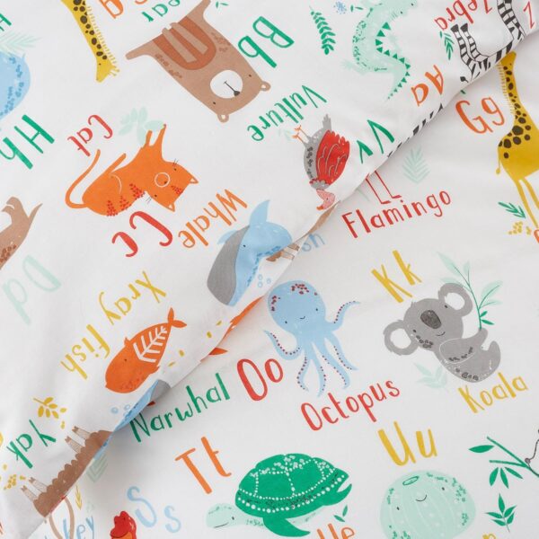 Happy Linen Company Girls Boys Kids Animal Alphabet ABC White Multicolour Toddler Cot Bed Reversible Duvet Cover Quilt Bedding Set with Pillow Case Bed Linen - Image 3