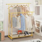 Calmootey Double Rod Clothing Garment Rack,Rolling Hanging Clothes Rack,Portable Clothes Organizer for Bedroom,Living Room,Clothing Store,Gold - Image 4