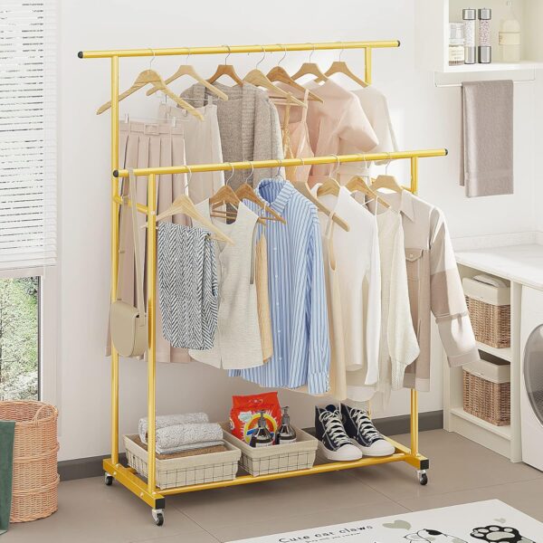 Calmootey Double Rod Clothing Garment Rack,Rolling Hanging Clothes Rack,Portable Clothes Organizer for Bedroom,Living Room,Clothing Store,Gold - Image 4