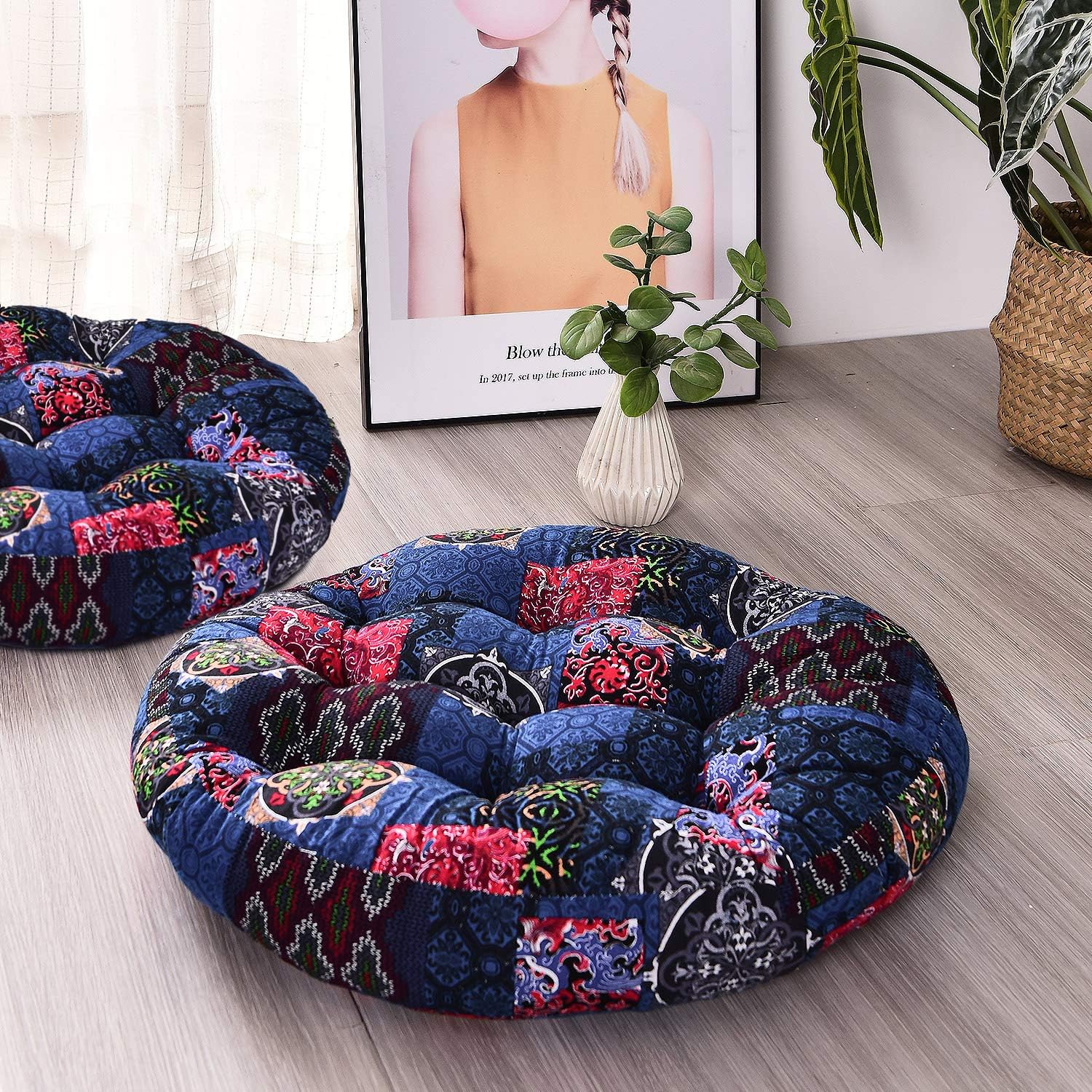 91qeFKqoinL._AC_SL1500_.jpg HIGOGOGO Boho Floor Pillow, Round Floor Cushion Cotton Linen Meditation Seat Pillow Bohemmia Style Yoga Cushion Floor Pad for Home Bay Window Party Garden Decoration, 22x22 Inch, Dark Blue - Image 1