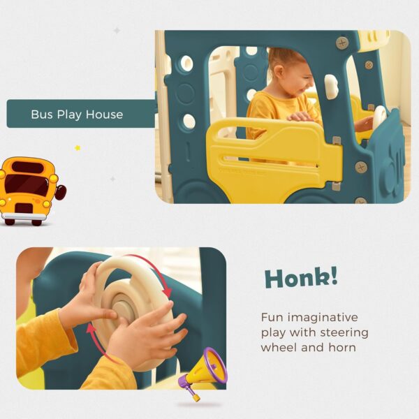 4-in-1 Kids Bus Playhouse Slide Set with Basketball Hoop & Climber, Indoor & Outdoor HDPE Play Center for Children Ages 3-8, Safe Non-Toxic Material, Easy Assembly (Green) - Image 2