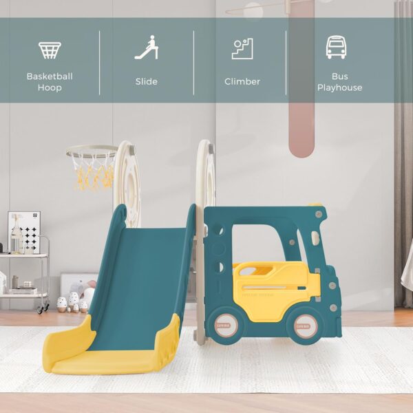 4-in-1 Kids Bus Playhouse Slide Set with Basketball Hoop & Climber, Indoor & Outdoor HDPE Play Center for Children Ages 3-8, Safe Non-Toxic Material, Easy Assembly (Green) - Image 5