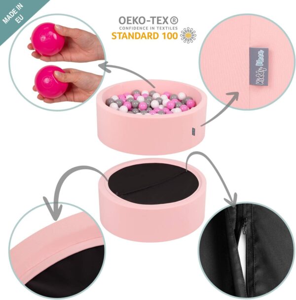 KiddyMoon Soft Ball Pit Round 120X30cm/200 Balls ∅ 7Cm / 2.75In For Kids, Foam Ball Pool Baby Playballs Children, Made In The EU, Pink:White-Grey-Powder Pink - Image 5