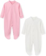 BINIDUCKLING Baby Boys Girls Snap-Up Sleepsuit, Cotton Baby Footed Pajamas - Long Sleeve Baby Grows Sleepwear for 0-12 Months, 2-Pack