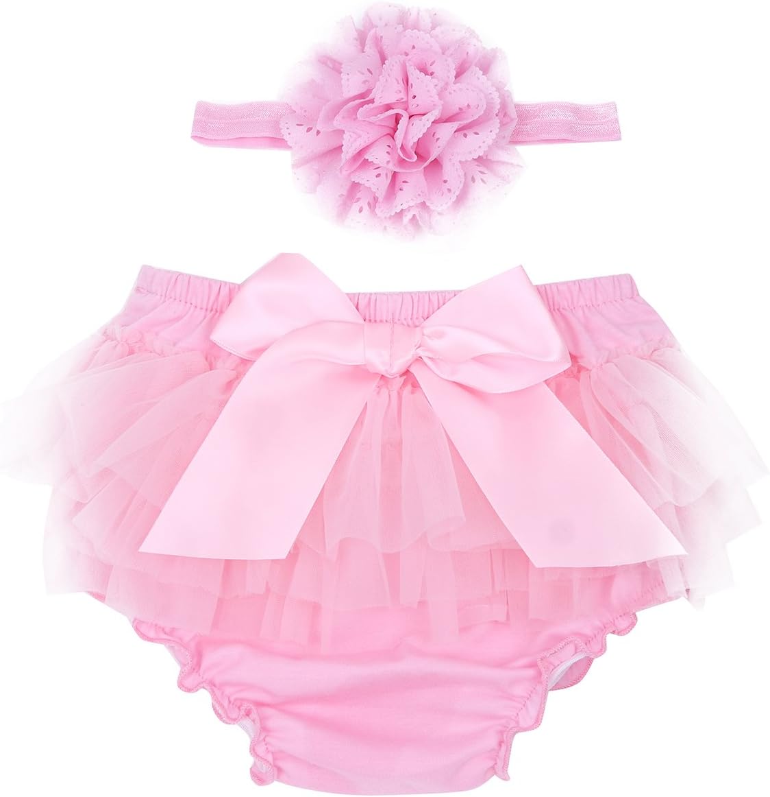 1741804562_61p-yVv0eL._AC_SL1200_.jpg Aiihoo Baby Girls Cotton Tulle Ruffle Bloomer Undetachable Bowknot Diaper Cover with Stretchy Flower Headband Set - Image 1