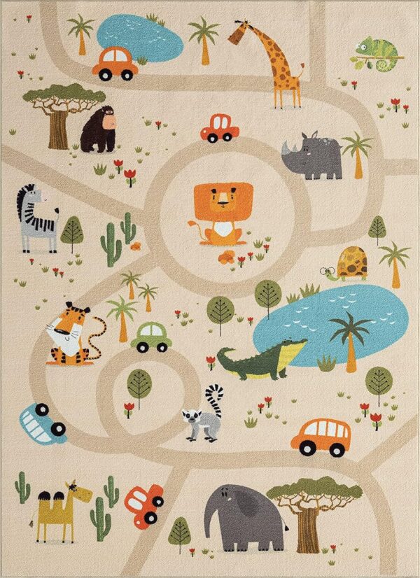 the carpet Happy Life Children's Bedroom Rug Play Mat Street Rug Jungle Animals Car Beige 200 x 290 cm - Image 2