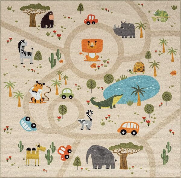 the carpet Happy Life Children's Bedroom Rug Play Mat Street Rug Jungle Animals Car Beige 200 x 290 cm - Image 3