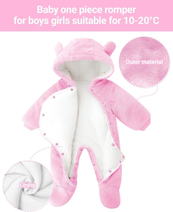 JiAmy Newborn Baby Winter Hooded Romper Fleece Snowsuit Jumpsuit Cartoon Cat Outfits Pink, 0-3 Months - Image 2