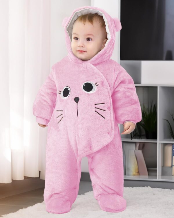 JiAmy Newborn Baby Winter Hooded Romper Fleece Snowsuit Jumpsuit Cartoon Cat Outfits Pink, 0-3 Months - Image 4