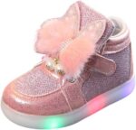 Girls Light Up Trainers Cute Furry Bunny Slip On Toddler High Top Sneakers Casual Soft Flat Sole Kids Fashion Sequins Shoes Outdoor Lightweight Boot