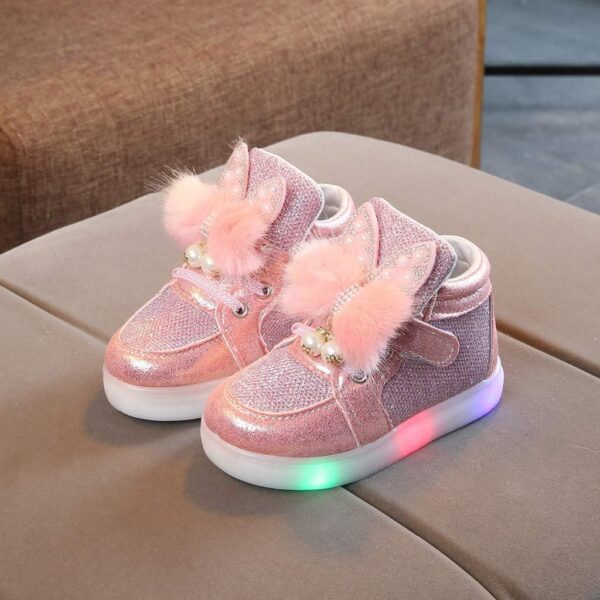 Girls Light Up Trainers Cute Furry Bunny Slip On Toddler High Top Sneakers Casual Soft Flat Sole Kids Fashion Sequins Shoes Outdoor Lightweight Boot - Image 2