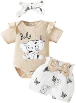 JiAmy Baby Girls Outfits Summer, 3PCS Koala Animal Printed Short Sleeve Bodysuit Shorts with Headband Newborn Clothes Sets for 0-18 Months