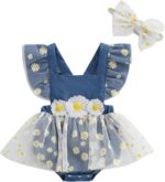 Loalirando Toddler Baby Girl Summer Romper Dress Fly Sleeve Daisy Flower Embroidery Mesh Tulle Tutu Dresses Bodysuit with Headband