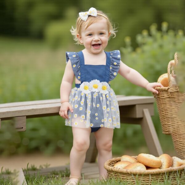 Loalirando Toddler Baby Girl Summer Romper Dress Fly Sleeve Daisy Flower Embroidery Mesh Tulle Tutu Dresses Bodysuit with Headband - Image 2