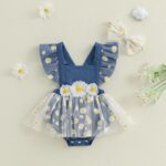 Loalirando Toddler Baby Girl Summer Romper Dress Fly Sleeve Daisy Flower Embroidery Mesh Tulle Tutu Dresses Bodysuit with Headband - Image 4