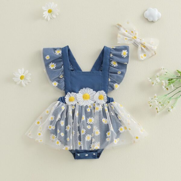Loalirando Toddler Baby Girl Summer Romper Dress Fly Sleeve Daisy Flower Embroidery Mesh Tulle Tutu Dresses Bodysuit with Headband - Image 4