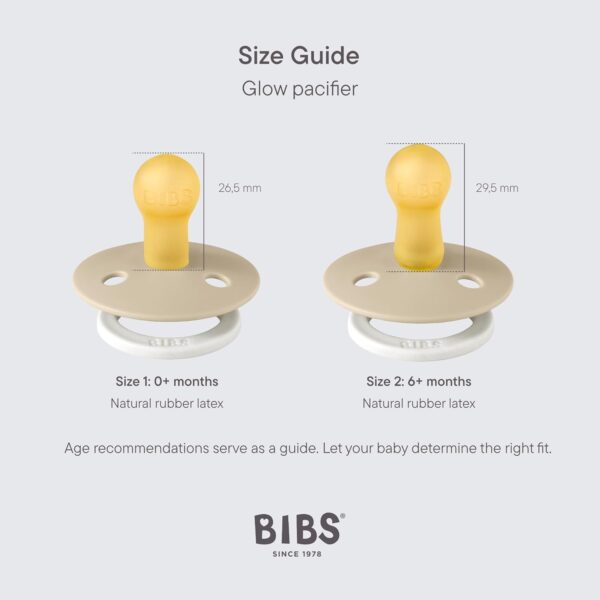 BIBS Colour Glow Soother 2-Pack, Glow in The Dark BPA Free Dummy Pacifier, Round Nipple. Natural Rubber Latex, Size 1 (0-6 Months), Vanilla Night/Dark Oak Night - Image 2