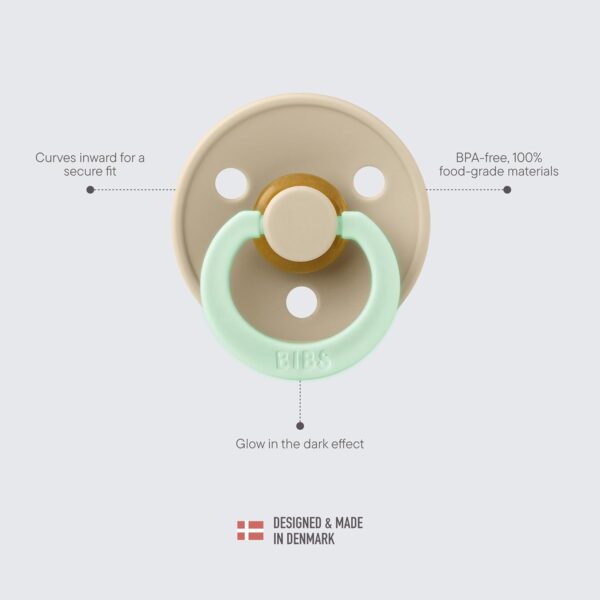BIBS Colour Glow Soother 2-Pack, Glow in The Dark BPA Free Dummy Pacifier, Round Nipple. Natural Rubber Latex, Size 1 (0-6 Months), Vanilla Night/Dark Oak Night - Image 4