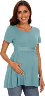 WOOXIO Women's Short Sleeve Maternity Shirts Pleated Waist Pregnancy Tops Clothes