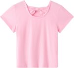 Arshiner Girls T-Shirts Back Hollow Bow Tie Kids Cotton Summer Short Sleeve Tops Cute Leisure Fashion Shirt Round Neck Tee Shirt for Girls 3-14 Years