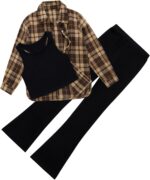 Naiyafly Girls 3 Piece Outfits Kids Cami Top + Flare Pants Set with Plaid Shirt Set Youth Girls Long Jacket Tanks Top Flare Leggings Bell Bottom Clothes