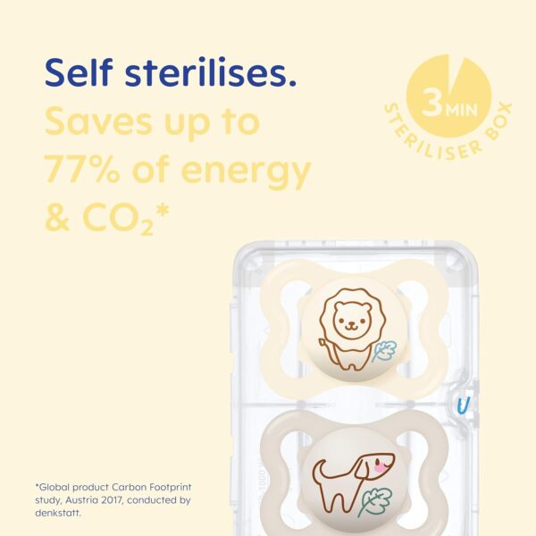 MAM Air Soothers | 0-6 Months | 2 Pack | Newborn Dummies | Comes in Dummy Steriliser Case | Sustainable Materials | Baby Accessories for Newborn | Blue/White (Various Designs) - Image 4