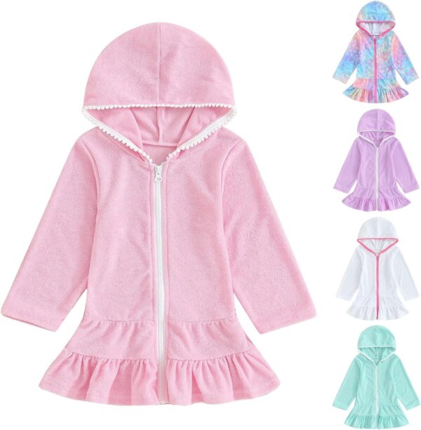 Baby Girls Swim Cover Up Kids Swimsuit Coverup Zip Up Beach Bathing Suit Hooded Bathrobe Absorbent Dress Lace Dresses for Girls Long Sleeve Beach Dress - Image 2