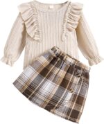 Qiraoxy Baby Girl Clothes Ruffle Ribbed Long Sleeve T-Shirt Top Plaid Skirt Fashion Set 2Pcs Toddler Kids Girl Fall Winter Outfits 1-6 Years