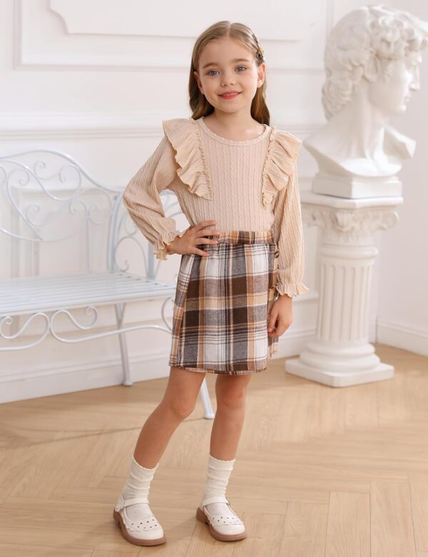 Qiraoxy Baby Girl Clothes Ruffle Ribbed Long Sleeve T-Shirt Top Plaid Skirt Fashion Set 2Pcs Toddler Kids Girl Fall Winter Outfits 1-6 Years - Image 2