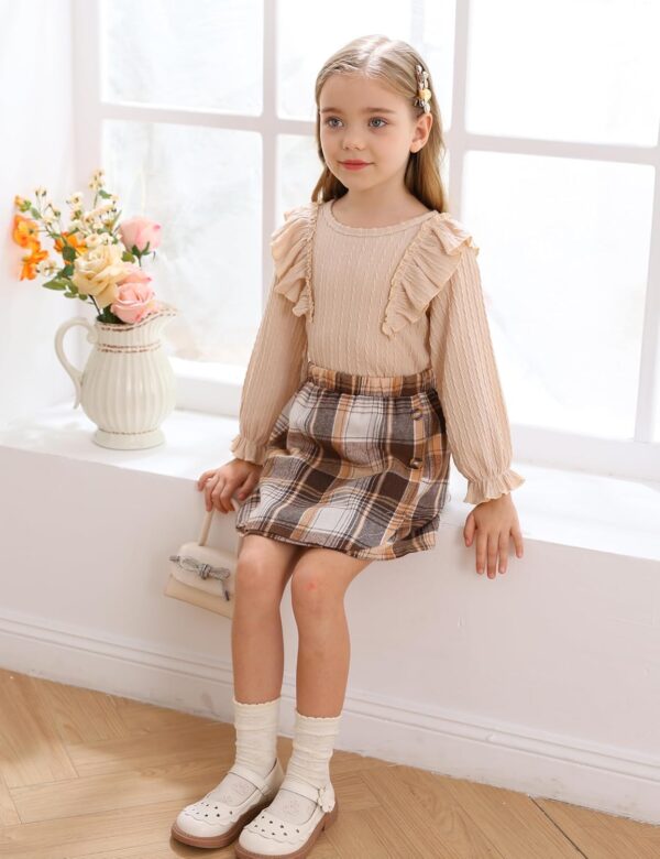 Qiraoxy Baby Girl Clothes Ruffle Ribbed Long Sleeve T-Shirt Top Plaid Skirt Fashion Set 2Pcs Toddler Kids Girl Fall Winter Outfits 1-6 Years - Image 3