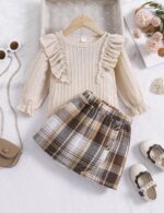 Qiraoxy Baby Girl Clothes Ruffle Ribbed Long Sleeve T-Shirt Top Plaid Skirt Fashion Set 2Pcs Toddler Kids Girl Fall Winter Outfits 1-6 Years - Image 9