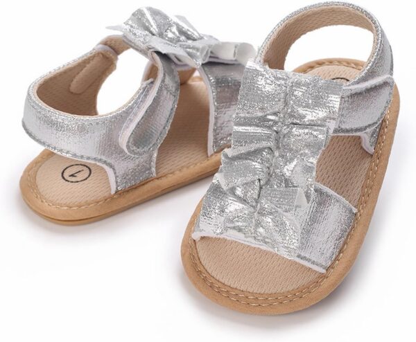 FGUUTYM Toddler Baby Girl Sandals Comfort Premium Outdoor Casual Beach Shoes with Flower Bow Non-Slip Rubber Sole Newborn Toddler Prewalker Baby Sandals 0 12 Months Bicycle, silver, 5 UK Child - Image 3