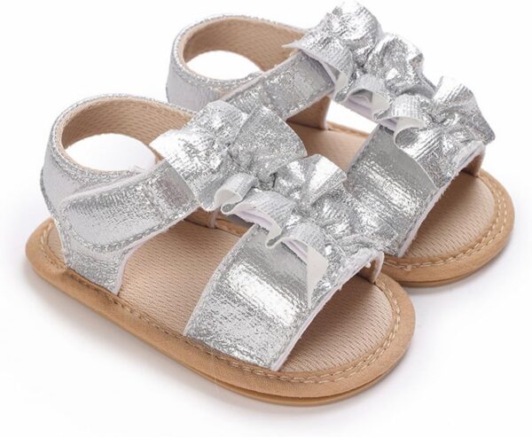 FGUUTYM Toddler Baby Girl Sandals Comfort Premium Outdoor Casual Beach Shoes with Flower Bow Non-Slip Rubber Sole Newborn Toddler Prewalker Baby Sandals 0 12 Months Bicycle, silver, 5 UK Child - Image 5