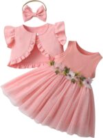 Kumsolu 3Pcs Summer Baby Girl Dress and Short Sleeve Cardigan Set Pink