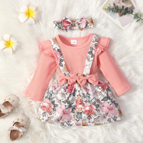 Newborn Baby Girl Dress Ruffle Long Sleeve with Floral Print for Baby Girl Romper Set - Image 2