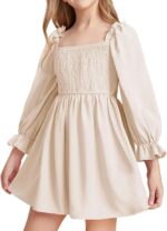 JiAmy Girls Dress Long Sleeve Square Neck Dresses Spring Summer Kids Casual Elegant Wedding Party A-Line Skirt Clothes for Girl 4-14 Years