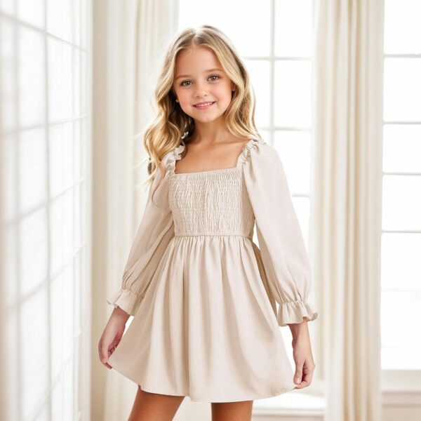 JiAmy Girls Dress Long Sleeve Square Neck Dresses Spring Summer Kids Casual Elegant Wedding Party A-Line Skirt Clothes for Girl 4-14 Years - Image 4