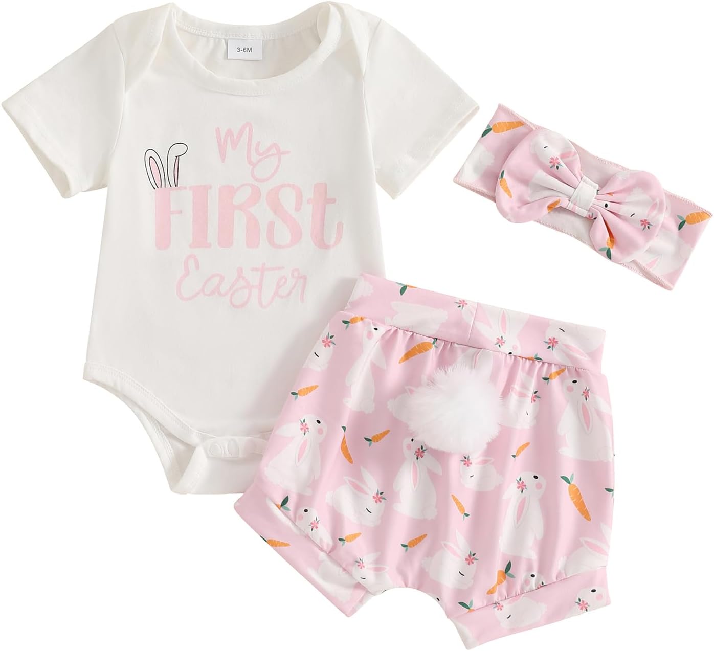 1742887341_61GHrrGgzzL._AC_SL1500_.jpg M9ppzzur7 My First Easter Outfit Baby Girls Letter Print Romper and Rabbit Tail Shorts + Headband Set Clothes - Image 1
