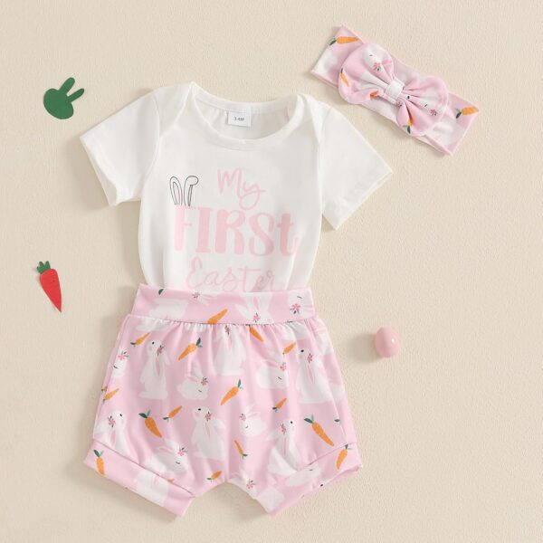 M9ppzzur7 My First Easter Outfit Baby Girls Letter Print Romper and Rabbit Tail Shorts + Headband Set Clothes - Image 2
