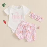 M9ppzzur7 My First Easter Outfit Baby Girls Letter Print Romper and Rabbit Tail Shorts + Headband Set Clothes - Image 3