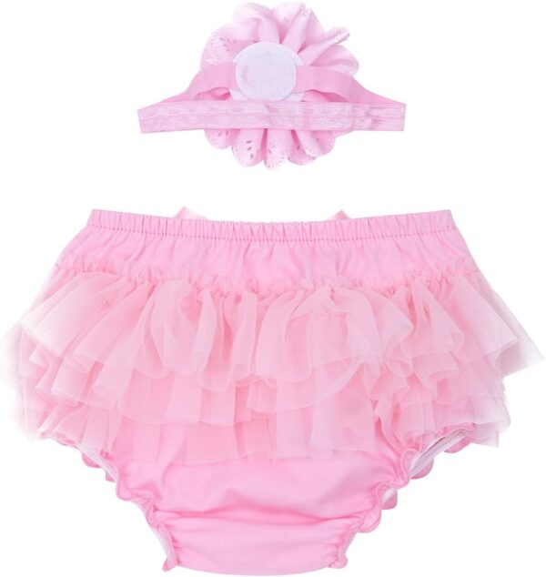 JEATHA Infant Baby Girls Casual Photo Shoot Birthday Outfit Ruffled Tulle Bloomer Diaper Cover with Headband Set - Image 2