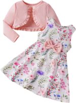 JiAmy Girls Dress and Cardigan Set Toddler Long Sleeve Knitted Coat Sleeveless Floral Print Dresses with Bow 2 Piece Outfits Clothes for Girl 12 Months-7 Years