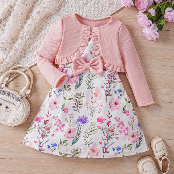 JiAmy Girls Dress and Cardigan Set Toddler Long Sleeve Knitted Coat Sleeveless Floral Print Dresses with Bow 2 Piece Outfits Clothes for Girl 12 Months-7 Years - Image 2
