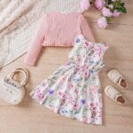 JiAmy Girls Dress and Cardigan Set Toddler Long Sleeve Knitted Coat Sleeveless Floral Print Dresses with Bow 2 Piece Outfits Clothes for Girl 12 Months-7 Years - Image 3