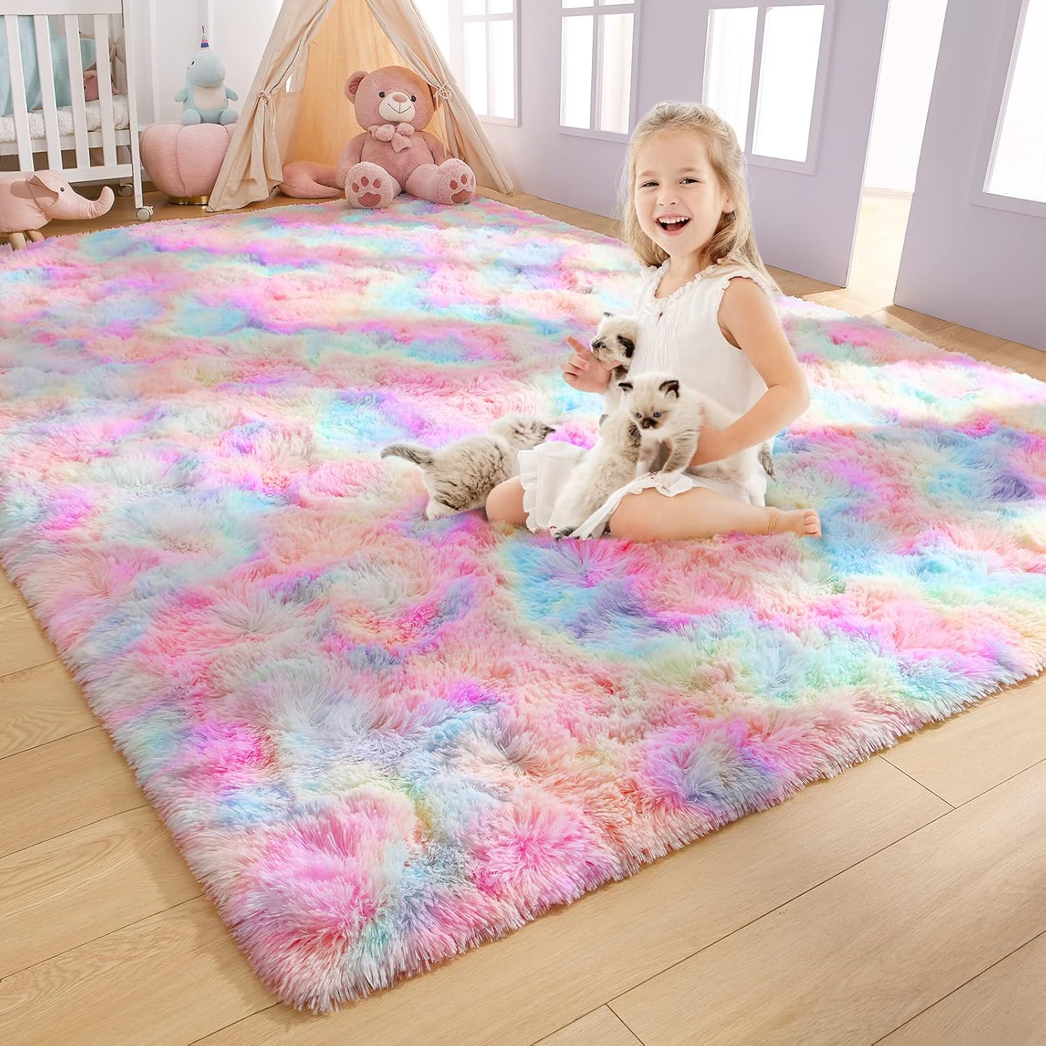 1743016660_81hAIJs2gL._AC_SL1500_.jpg AROGAN Soft Rainbow Area Rugs for Girls Room 3x5 Feet, Fluffy Girls Bedroom Rugs, Princess Rug, Cute Colorful Carpet for Kids Teens Nursery Toddler, Pink - Image 1