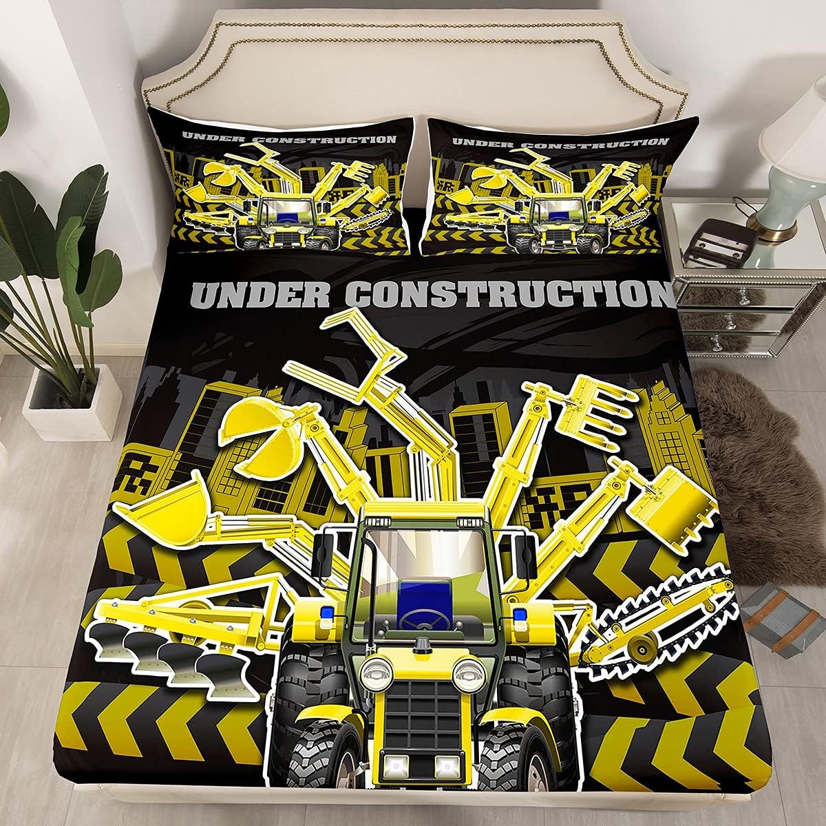 1743033344_81rMOTn74KL._AC_SL1200_.jpg Loussiesd Under Construction Bedding Set Boys Cute Vehicles Bed Sheet Set Kids Cartoon Machinery Cars Fitted Sheet & Pillow Sham Set Child Nursery Bulldozer Crane Bed Cover No Flat Sheet Single Size - Image 1